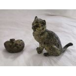 Antique cold painted bronze cat and small bronze hedgehog