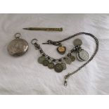 Box of silver items to include fob watch, watch chain etc