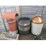 Oak & metal banded barrel, chimney pot & 4.5 gallon stoneware barrel