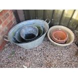 2 galvanised baths, bucket & ceramic planters