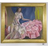 Oil on board - nude holding pink dress