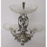 Impressive Art Nouveau WMF centre piece with 3 cut glass dishes