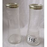 Pair of HMS silver rimmed, etched glass vases. London, circa 1918