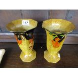 2 Hand-painted octagonal vases - 1930's