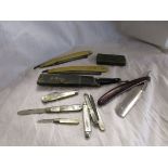 Box of old penknives & razors, to include silver