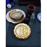 Slipware plates & pots, 3 old Stratford 'R M Bird & Co' bottles