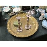 Large brass tray, trivet, plated candlesticks & box