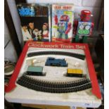 Old train set, wind-up robot & game