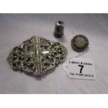 Silver mourning brooch, nurse's buckle & thimble