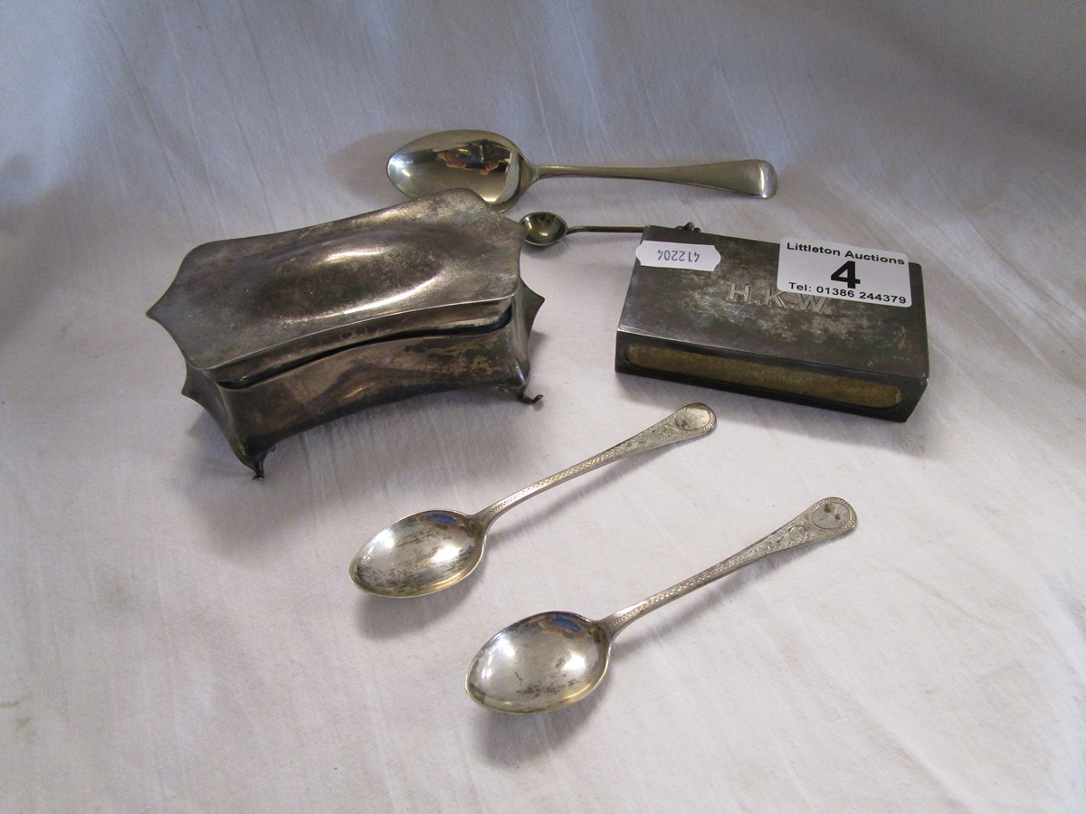 Silver box, silver matchbox case & 2 silver spoons (plus 2 others)