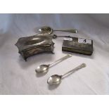 Silver box, silver matchbox case & 2 silver spoons (plus 2 others)