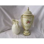 Early Worcester urn with cover & jug A/F