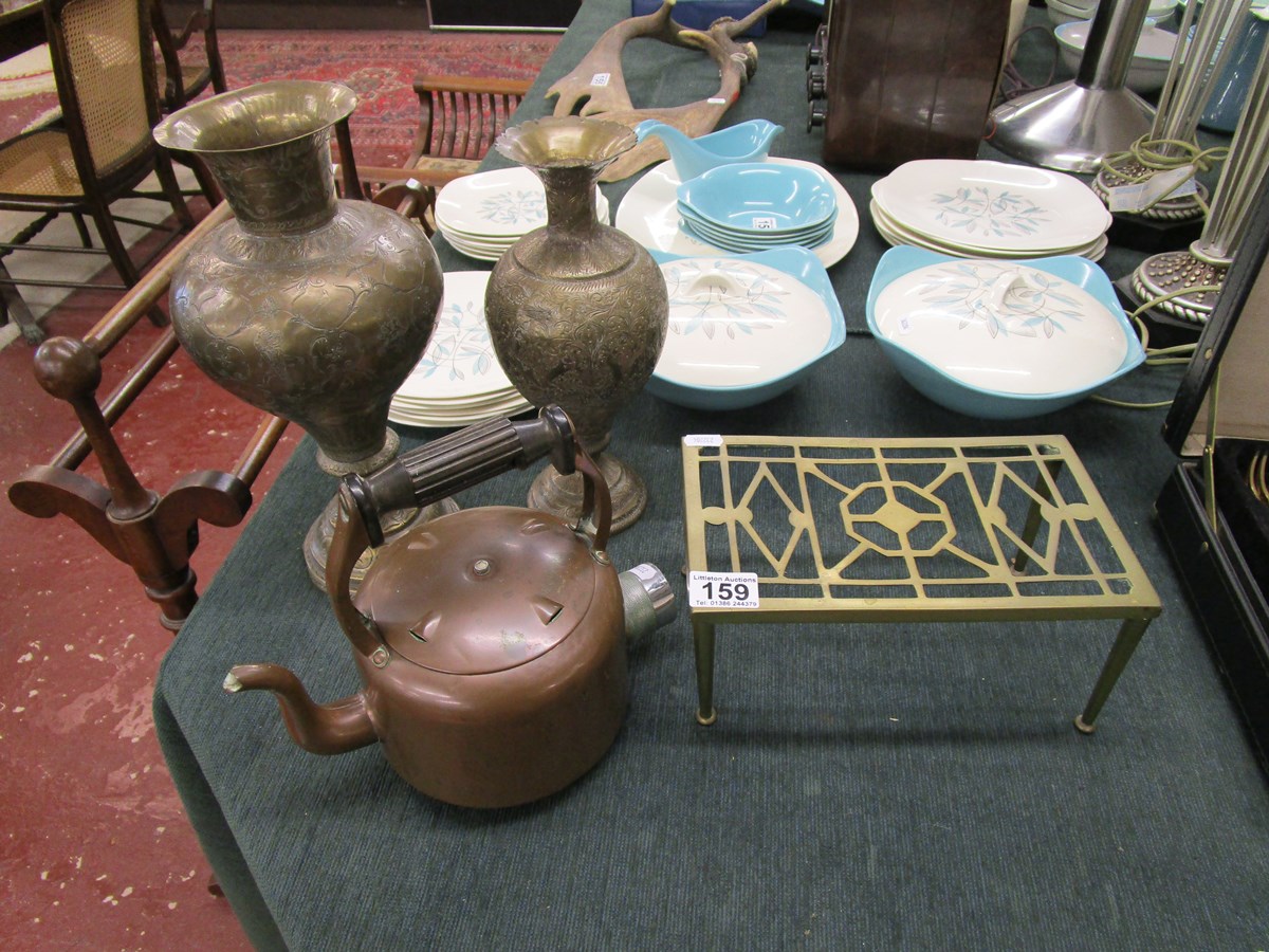 Brass trivet, kettle & 2 vases