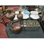 Brass trivet, kettle & 2 vases