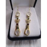 15ct gold moonstone & amethyst drop earrings, in the style of Murrle Bennett