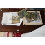 Collection of pictures & pencil drawings, with a roll of canvas