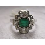 White gold Art Deco style emerald & diamond ring