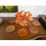 Carnival glass punch bowl with cups & saucers