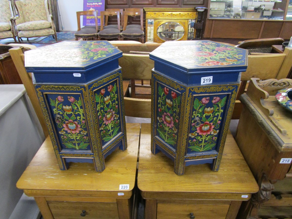 Small pair of ornate Oriental octagonal tables with doors