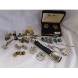 Tin of cufflinks, retro Monopoly items etc