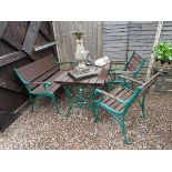 Cast iron & wood table, bench & 2 chairs