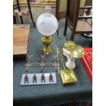 Oil lamp, scales, etc