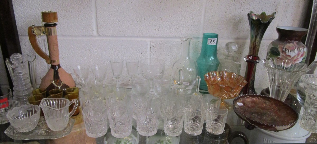 Shelf of glass to include cut glass whiskey tumblers