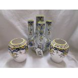 Pair of small Fayence vases together with an unusual centre vase