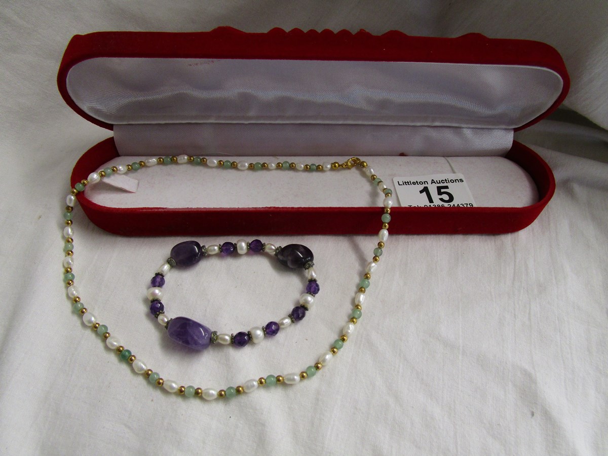 Amethyst & pearl bracelet together with a pearl & sardonyx necklace