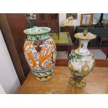 Large & early Italian majolica vase together with early Continental hand painted vase - both A/F