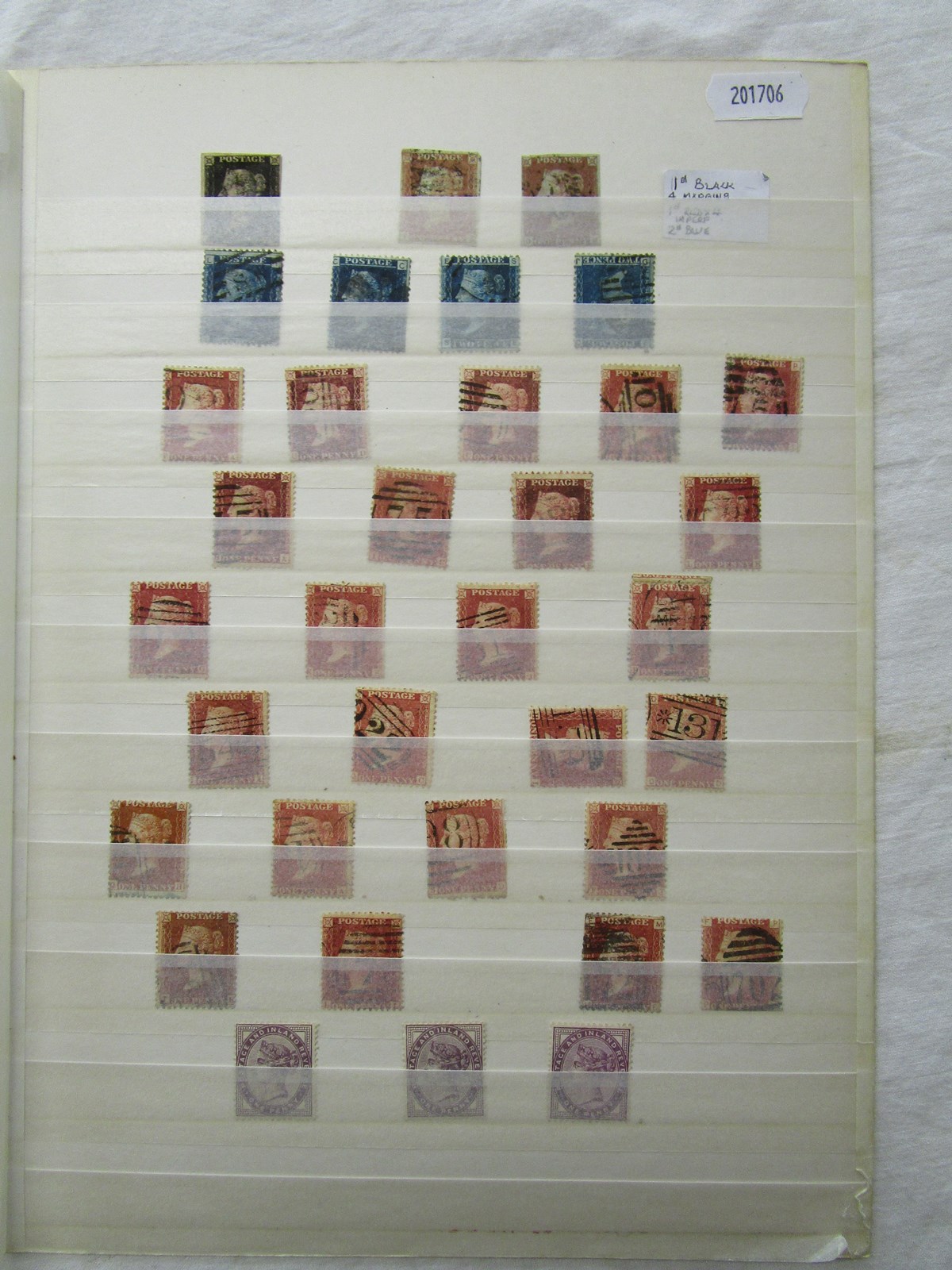 Stamps - Sheet of 34 Victorian GB stamps to include 1d black, 2d blues & 1d lilacs