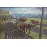 Oil on canvas ‘Ploughing on the Downs’ by James Bateman RA (1893 - 1959) 69cm x 95cm