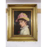 Fine 19C oil portrait of lady in gilt wood frame - Indistinct signature