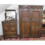 Carved oak bedroom set to include wardrobe, cabinet and mirror on stand