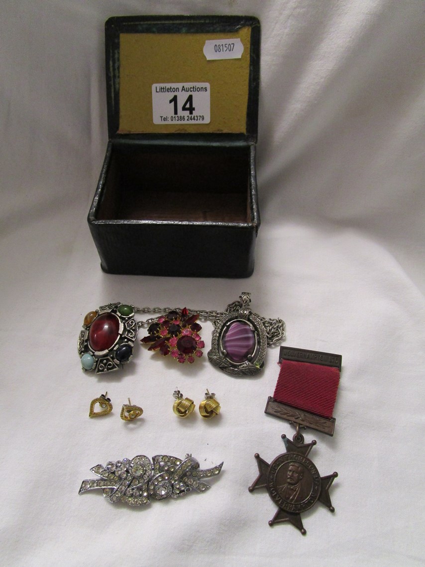 Small box of costume jewellery to include yellow metal earrings