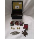 Small box of costume jewellery to include yellow metal earrings