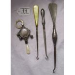 Victorian silver child's rattle & teething ring & 3 button hooks