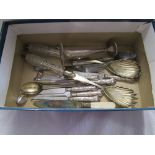 Box of various silver & silver plate to include hallmarked silver and glass salad servers