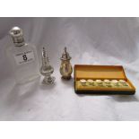 2 silver salts, silver topped scent bottle & buttons