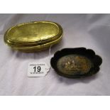 Early brass tobacco box engraved with Highway man scene & small Oriental trinket tray