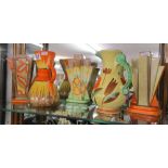 Shelf of china to include Art Deco fan vases