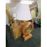 Pair of wooden table lamps & clock
