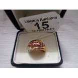 18ct gold unusual set ruby & diamond ring