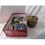 Box of collectables and treen tea caddy