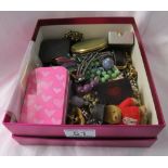 Pink box with vintage costume jewellery to include silver