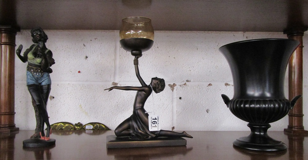 2 Art Deco lady figures & black urn