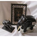 2 ebonised Elephant figures & decorative inlaid basket