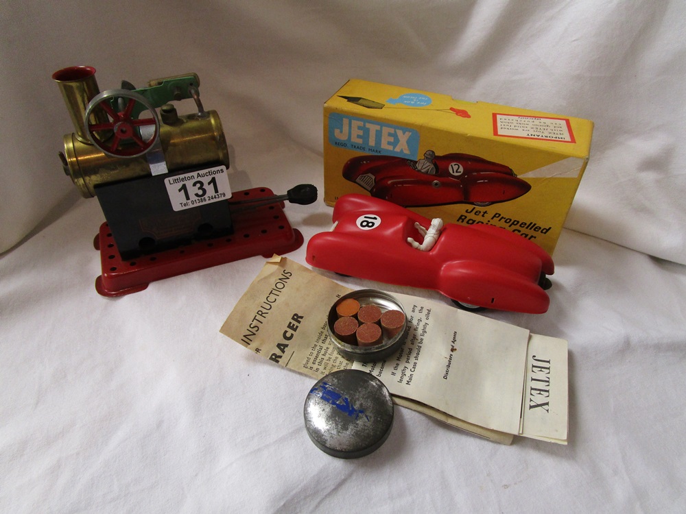 Boxed Jetex car with solid fuel tablets, leaflets etc & small Mamod steam engine