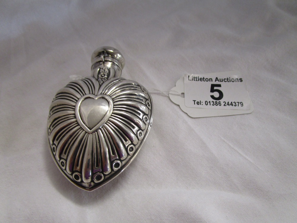 Decorative silver hallmarked heart shaped perfume flask