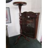 Mahogany & glazed corner cabinet & torchère